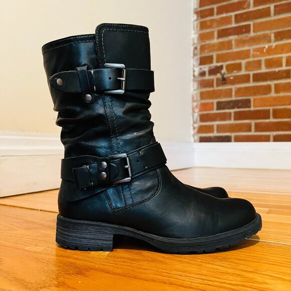 EARTH Women's Everwood Boots 7B Black Leather Mid-Calf Side Zipper Biker Moto - Picture 9 of 16